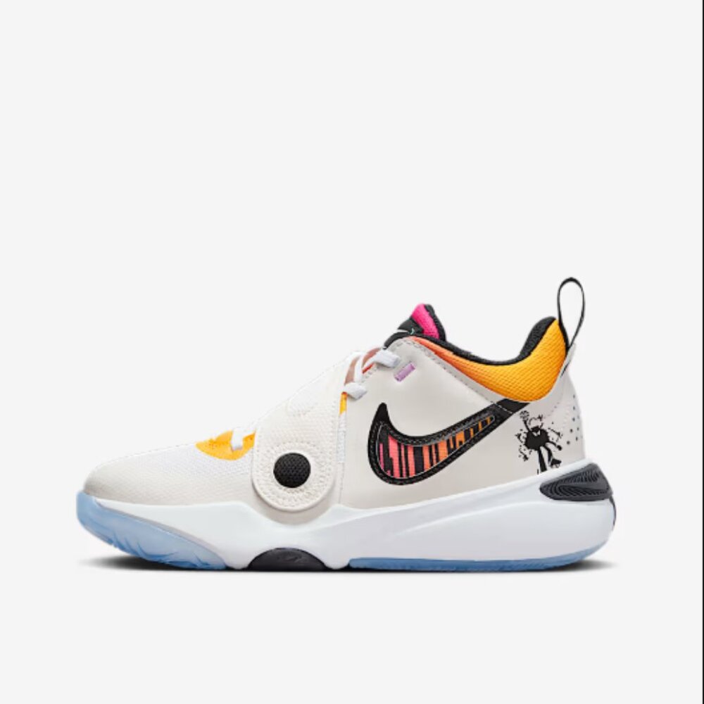 Kids White and Yellow Athletic Sneakers with Graphic Swoosh